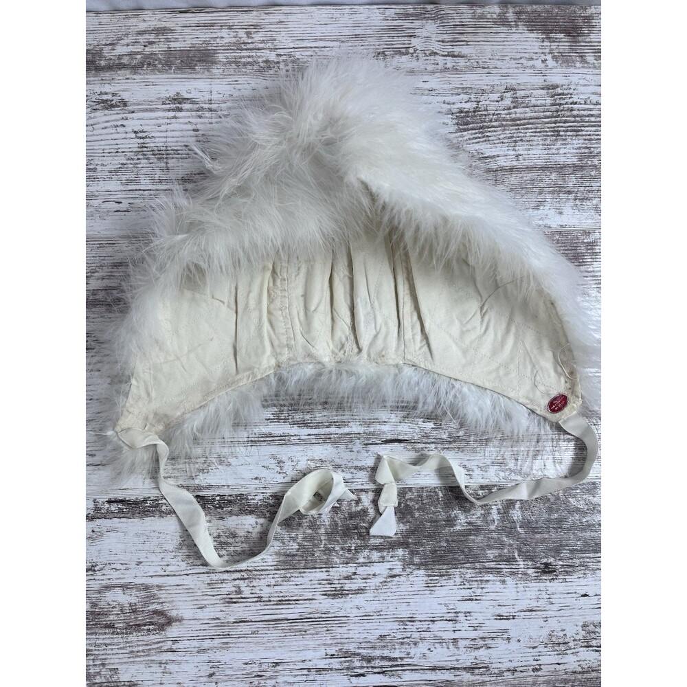 Antique Vintage White Feather Hood Winter Cap Quilted Soft Bridal Theater